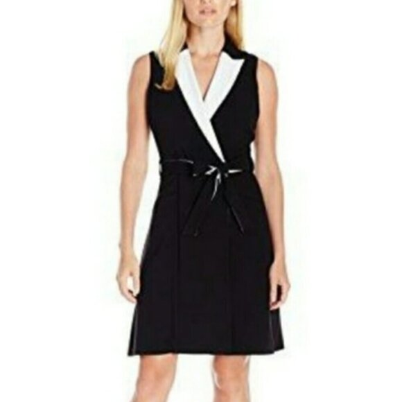 Calvin Klein Dresses & Skirts - Calvin Klein Black White Sleeveless Collared A-line Faux Wrap Dress Size 2